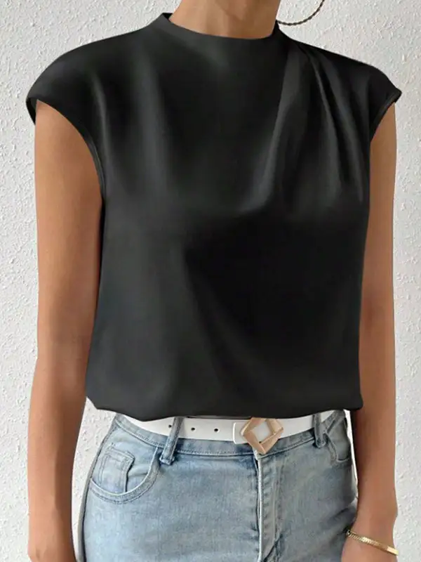 Relaxed Sleeveless Cutout Pleat Detail Mock Neck T-Shirt