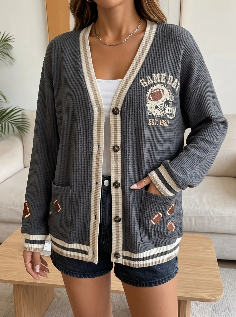 Women's Game Day Football Game Day Helmet Printed Waffle Knit Cardigan