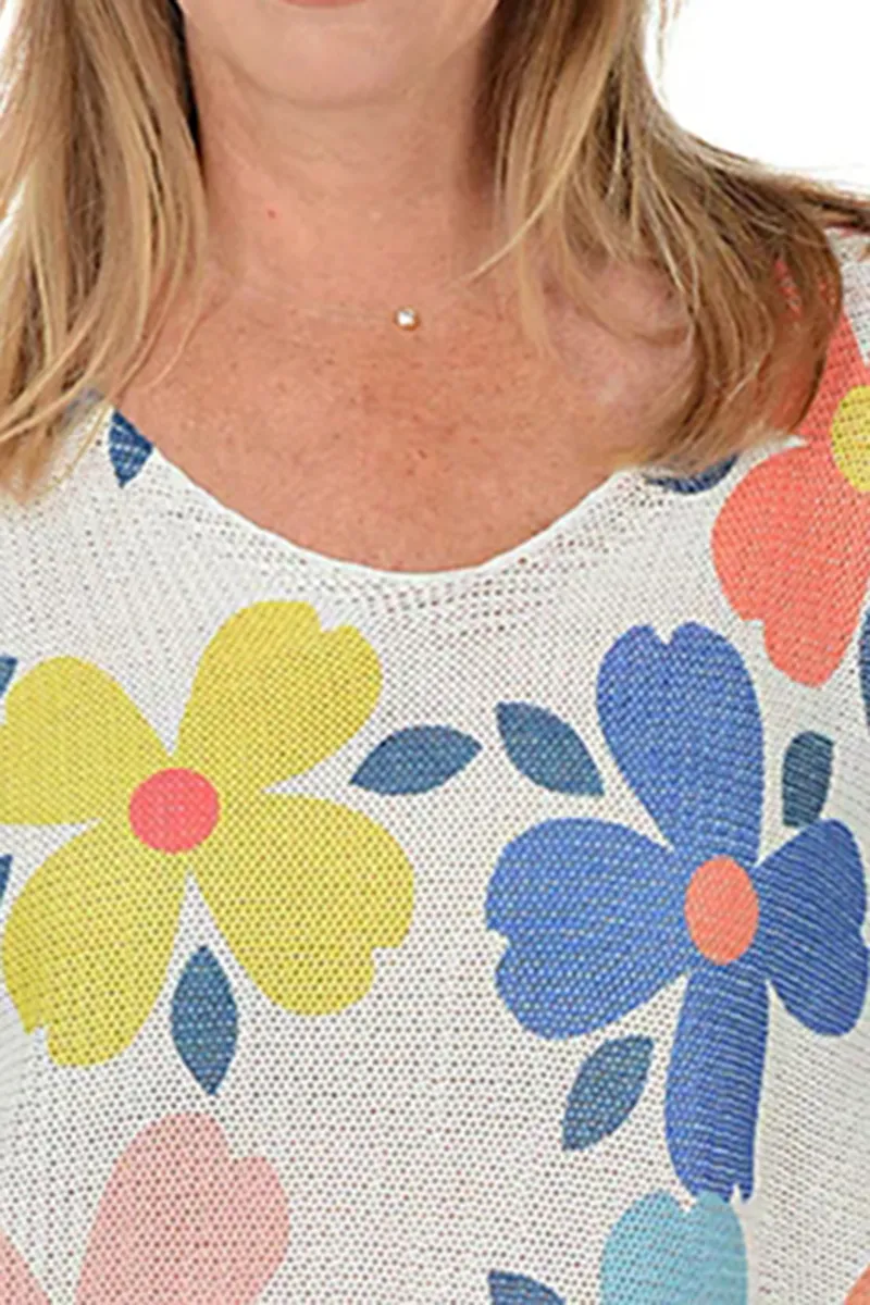 Flowers 3/4 Sleeve Lightweight Sweater