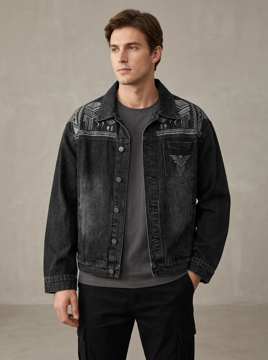Men's Tribal Crafted Geometric Denim Jacket