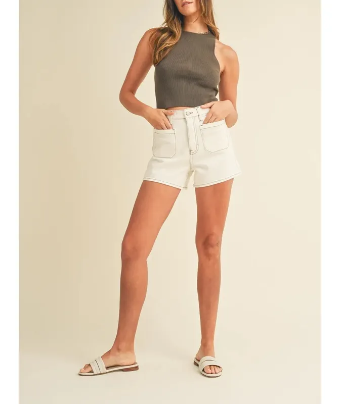 White Cotton Blend Stretch Blend Shorts