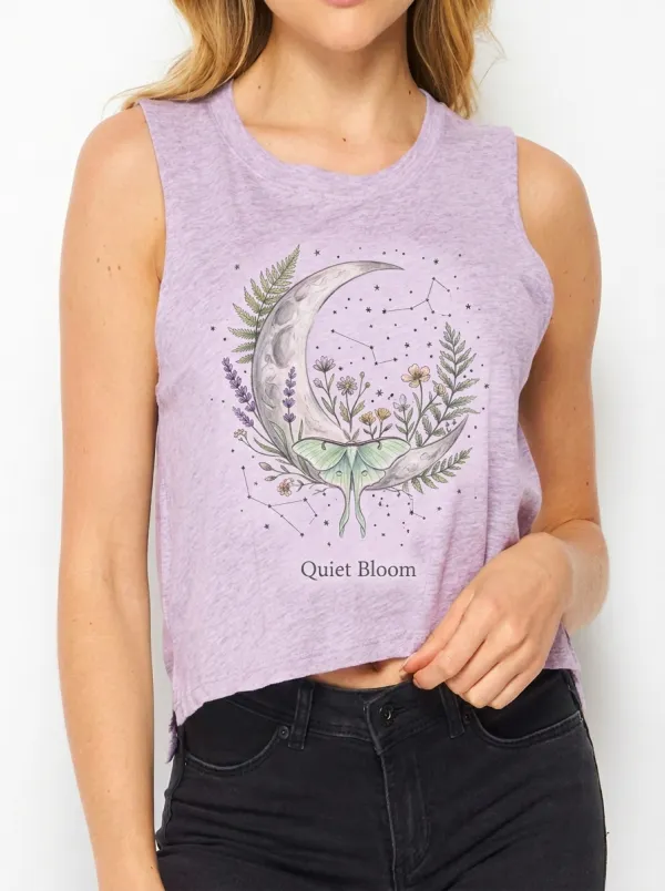 Women's Celestial Moth Floral Moon Printed Crop Tank Top
