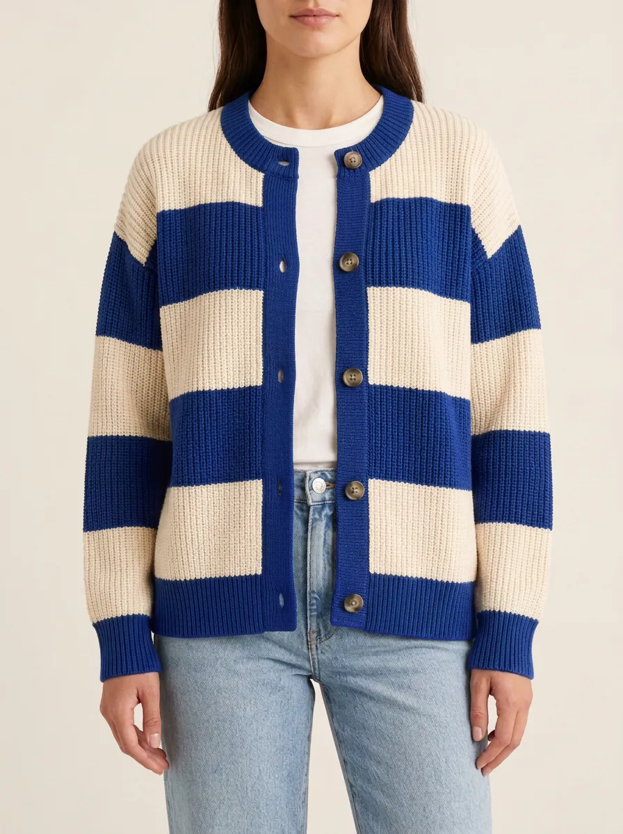 Classic Layered Rugby Striped Knit Cardigan