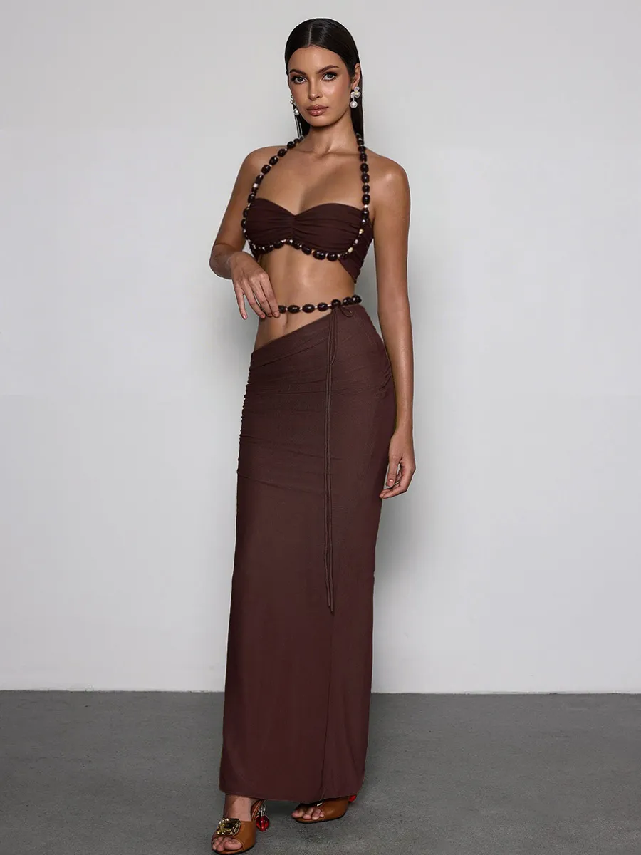 Zuri Halterneck Ruched Skirt Set In Coffee