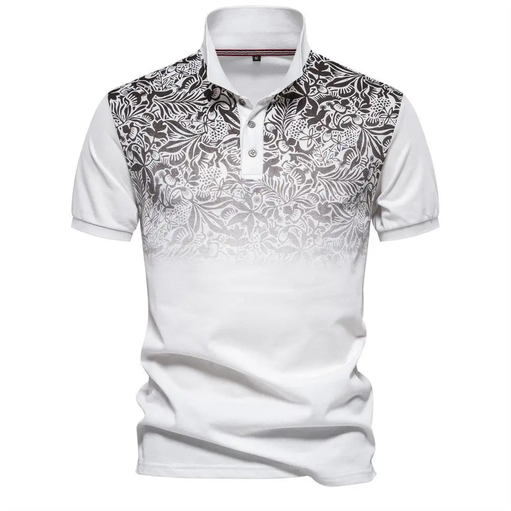 Men's Polo Shirt With Floral Gradient Pattern Classic Collar And Subtle Button Placket