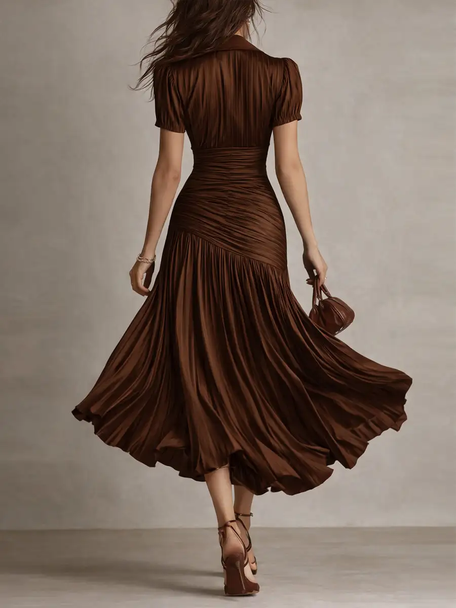 Retro Striped Satin Pleated Bodycon Midi Dress