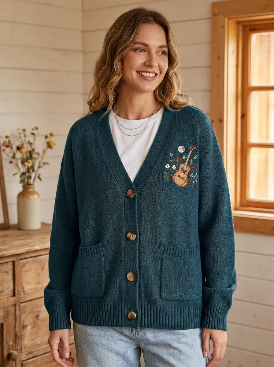 Guitar Floral Embroidered Women's Country Music Casual Cardigan