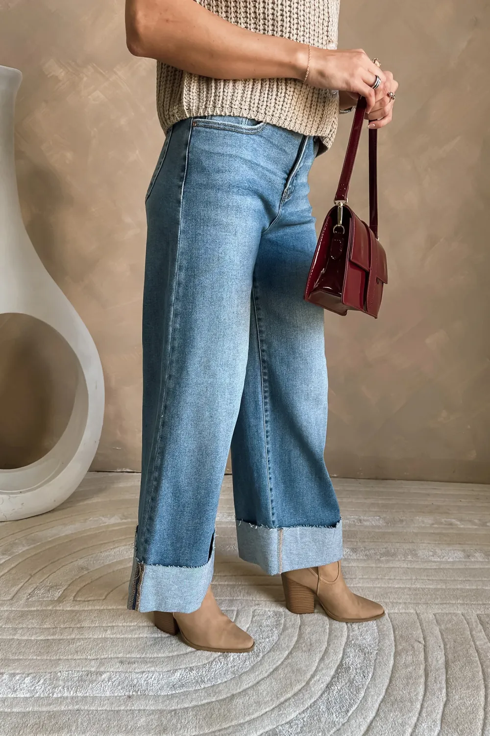 Folded Hem Jeans With Pockets