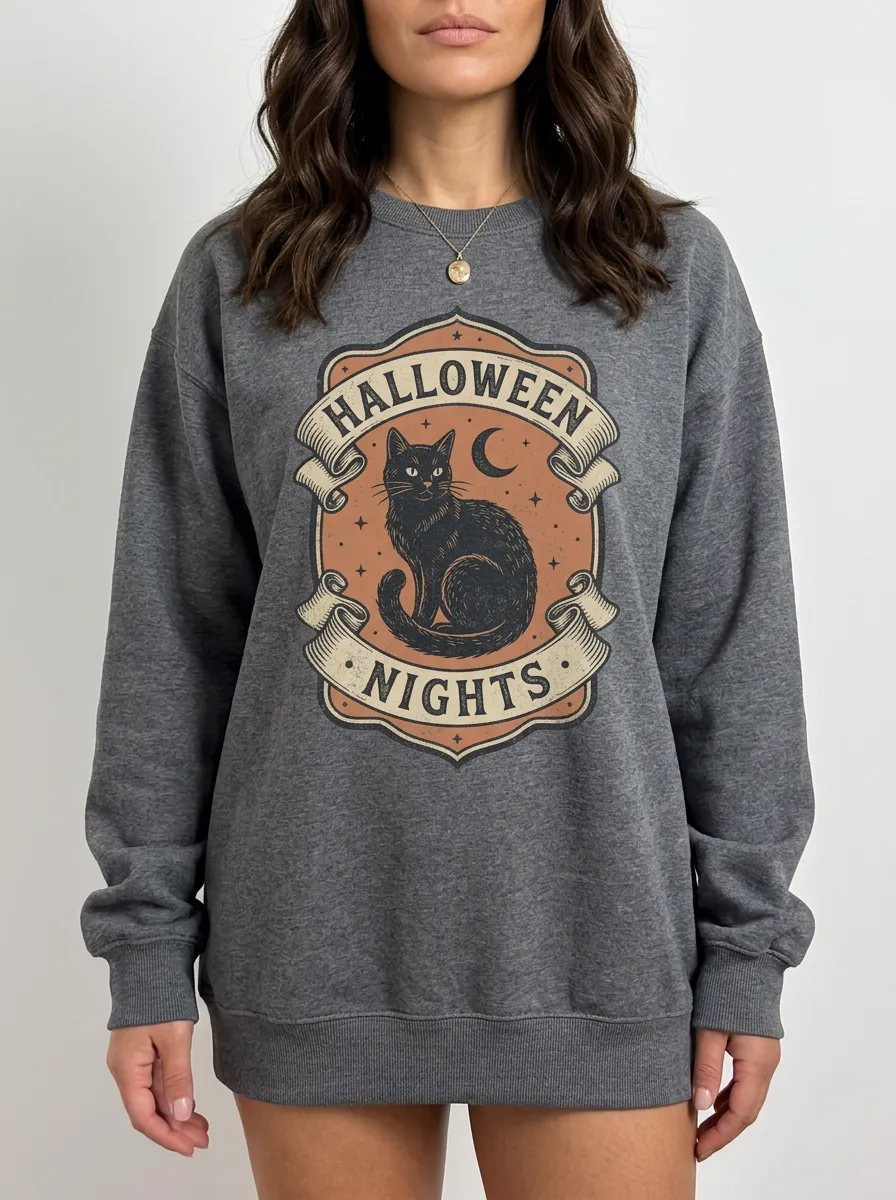 Women's Halloween Nights Black Cat Moon Printed Sweatshirt