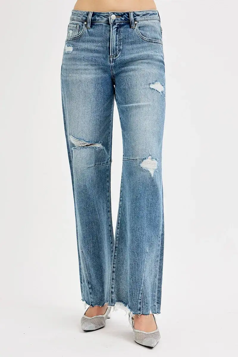 Full Size Mid Rise Fit Wide Baggy Leg Tie Washed Jeans Plus Size