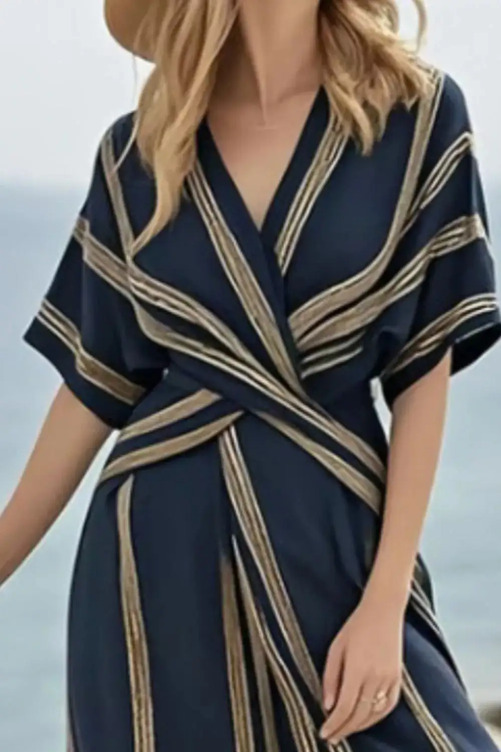 Striped Wrap Half Sleeve Maxi Dress