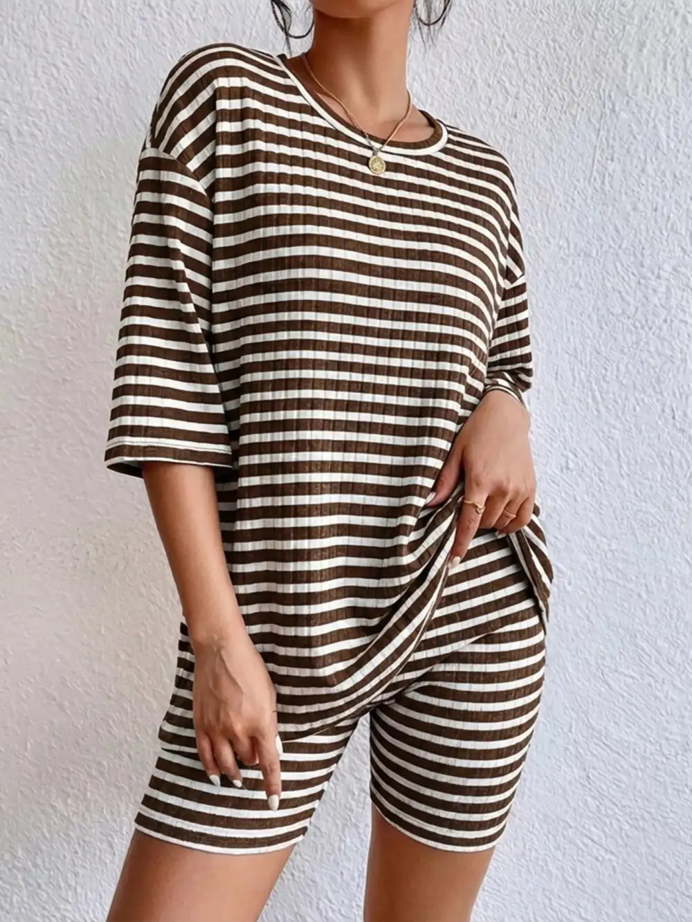 Striped Round Neck Top Shorts Set