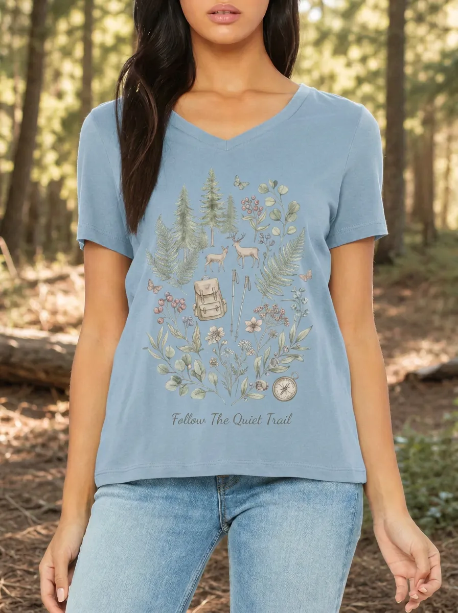 Women's Hiking Nature Lover Deer Forest Printed V-neck T-shirt