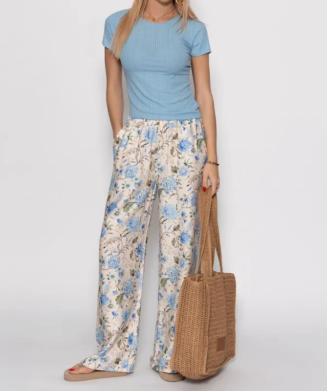 Beige Blue Floral Print Pants