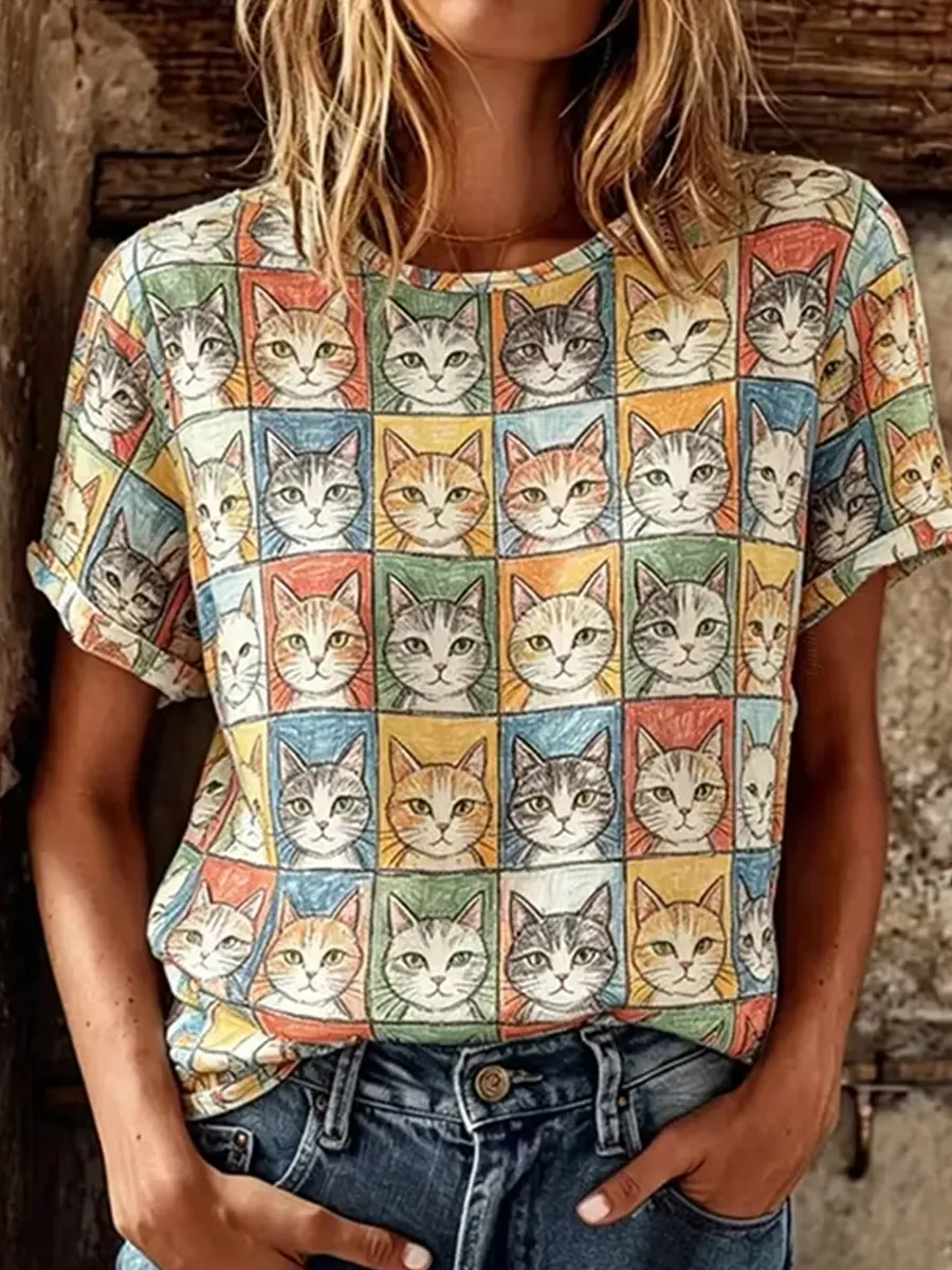 Women'S Cute Cat Grid Art Print Casual T-Shirt