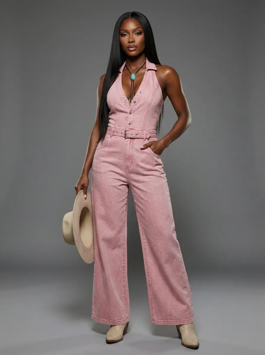 Pink Modern Western Halter-Neck Denim Jumpsuit