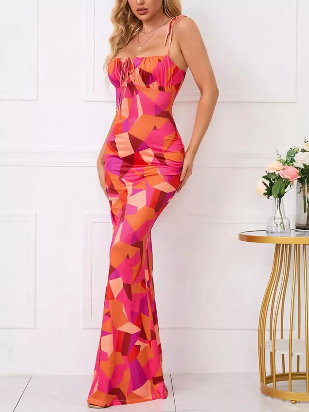 Floral Print Tie Strap Bodycon Maxi Dress