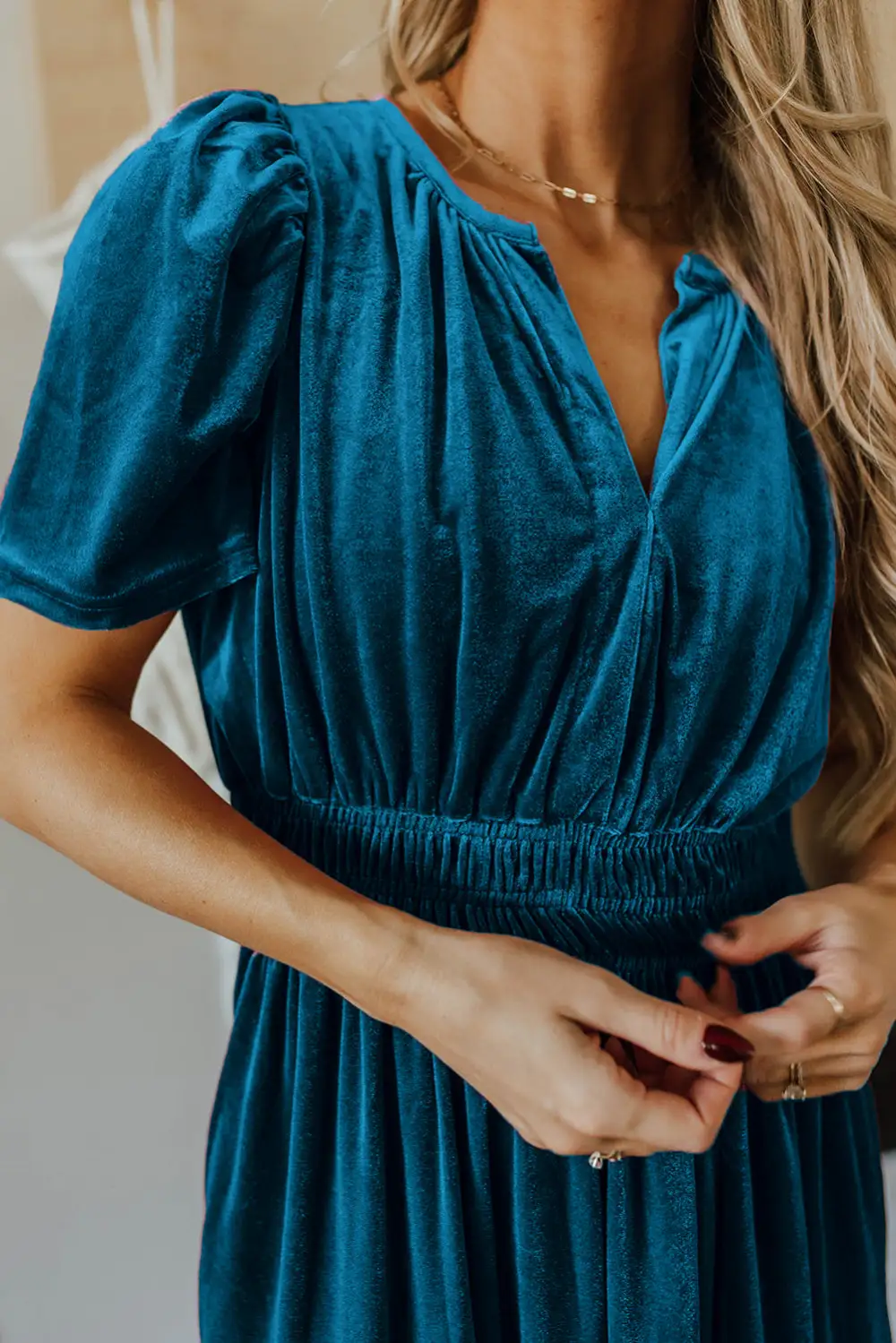 Prussian Velvet Short Sleeve Shirred Waist Tiered Maxi Dress