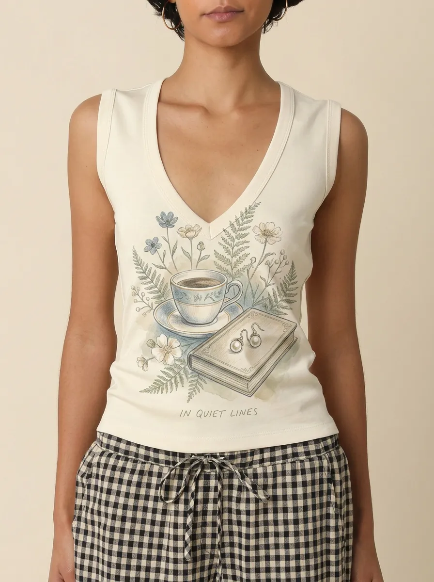 Women's Book Lover Coffee Floral Printed V-Neck Tank Top