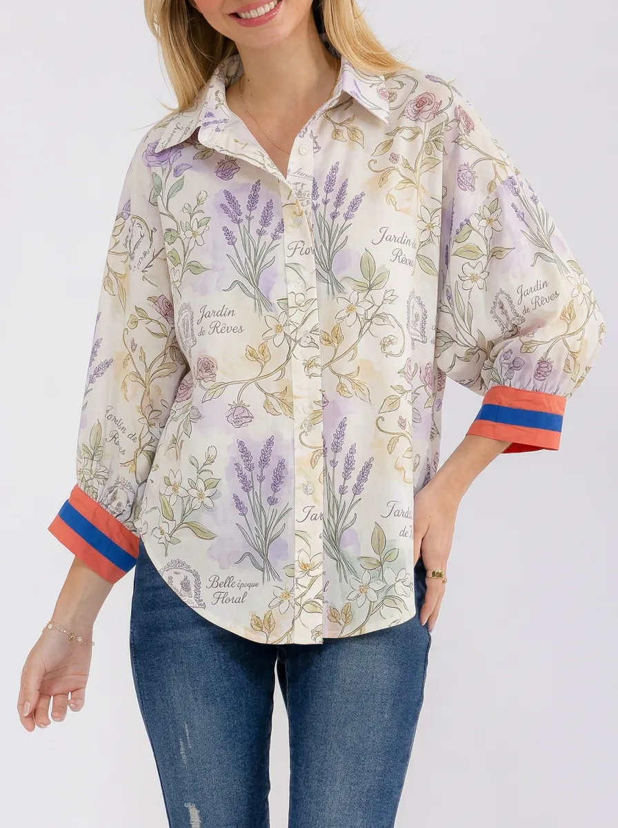 Women's Botanical Garden Lavender Floral Printed Button-Up Shirt