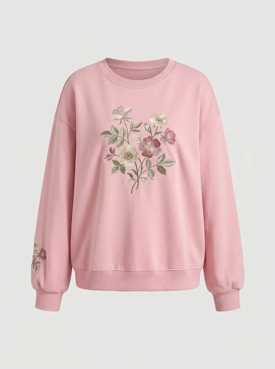 Women's Soft Pink Floral Embroidered Sweatshirt