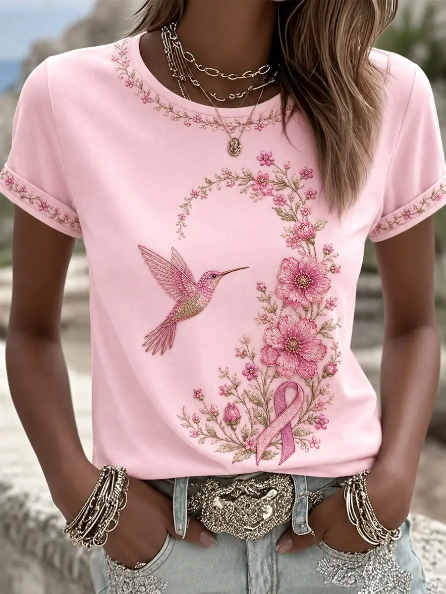 Women's Pink Floral & Hummingbird Print Breast Cancer Awareness Support Tee