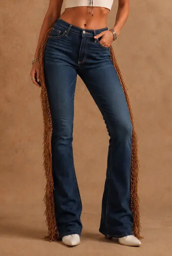 Fringe Detail Bootcut Mid Rise Denim Jeans