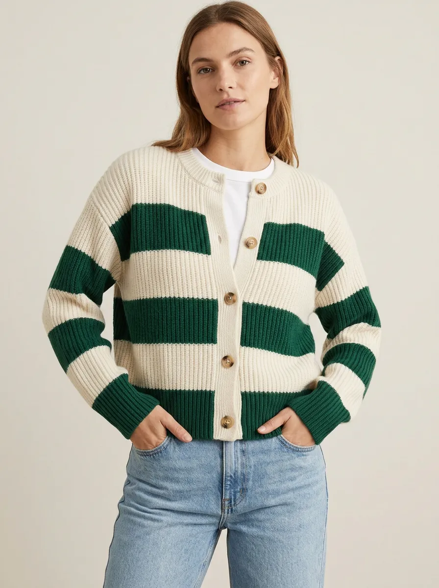 Waffle Knit Rugby Striped Knit Cardigan