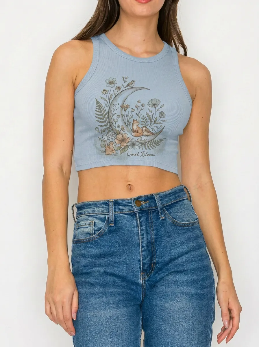 Women's Nature Lover Moon Fox Floral Printed Crop Top