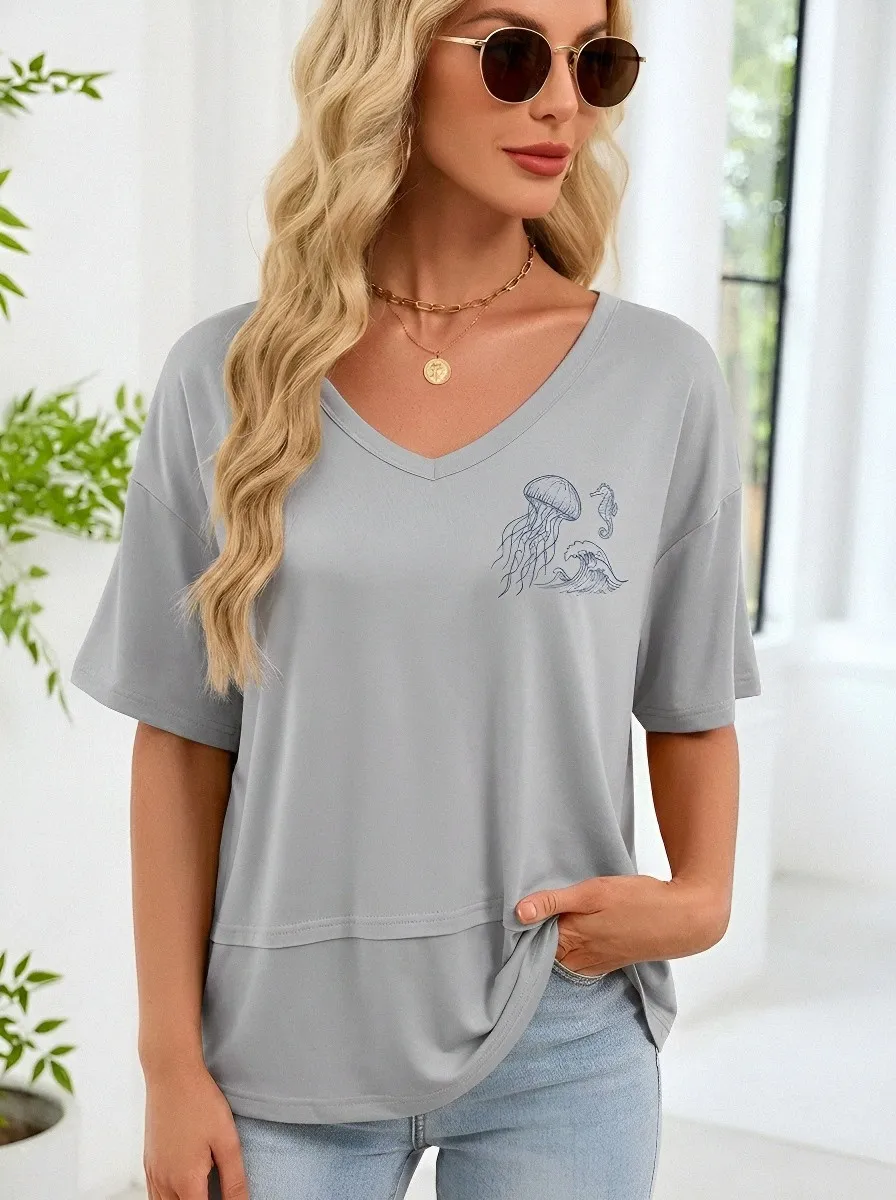 Women's Ocean Lover Jellyfish Seahorse Wave Printed V-neck Top