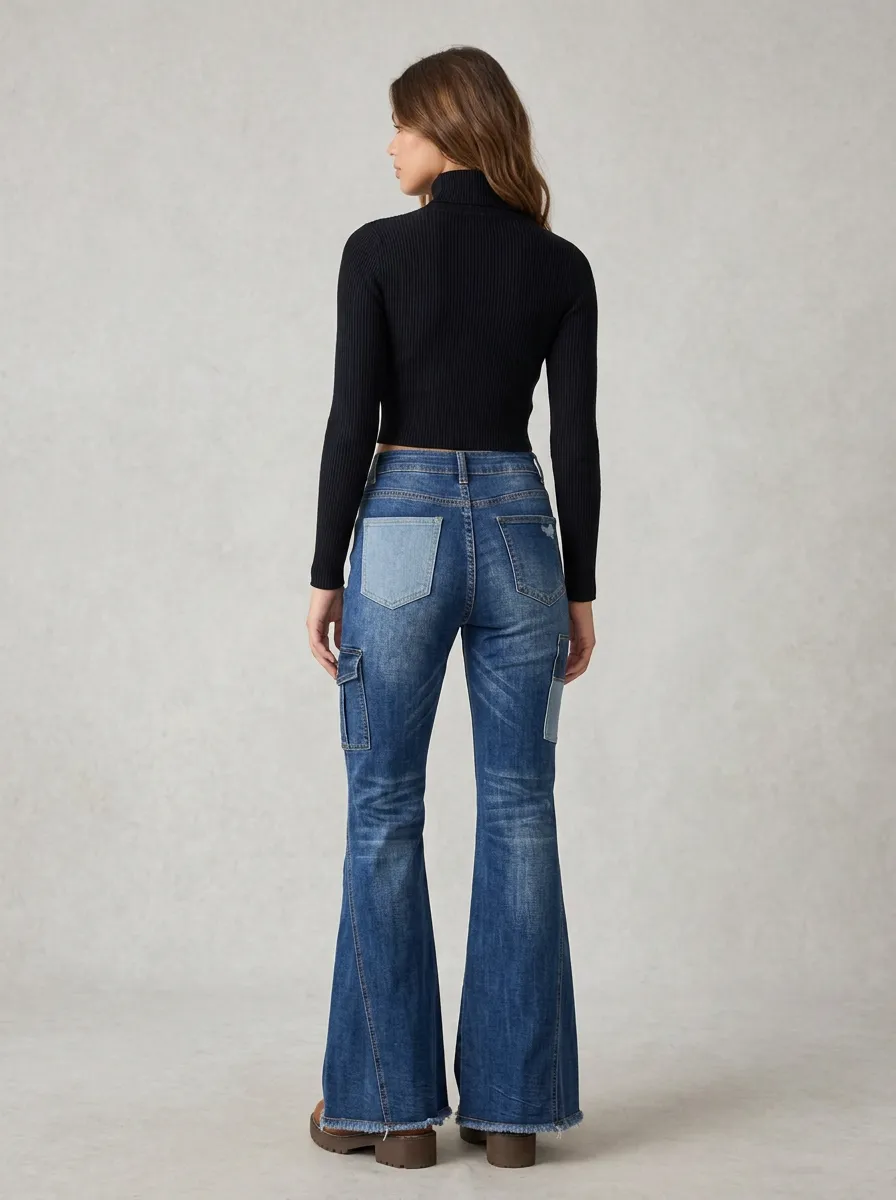 Women's Vintage Patchwork High-Waisted Button-Fly Flared Jeans