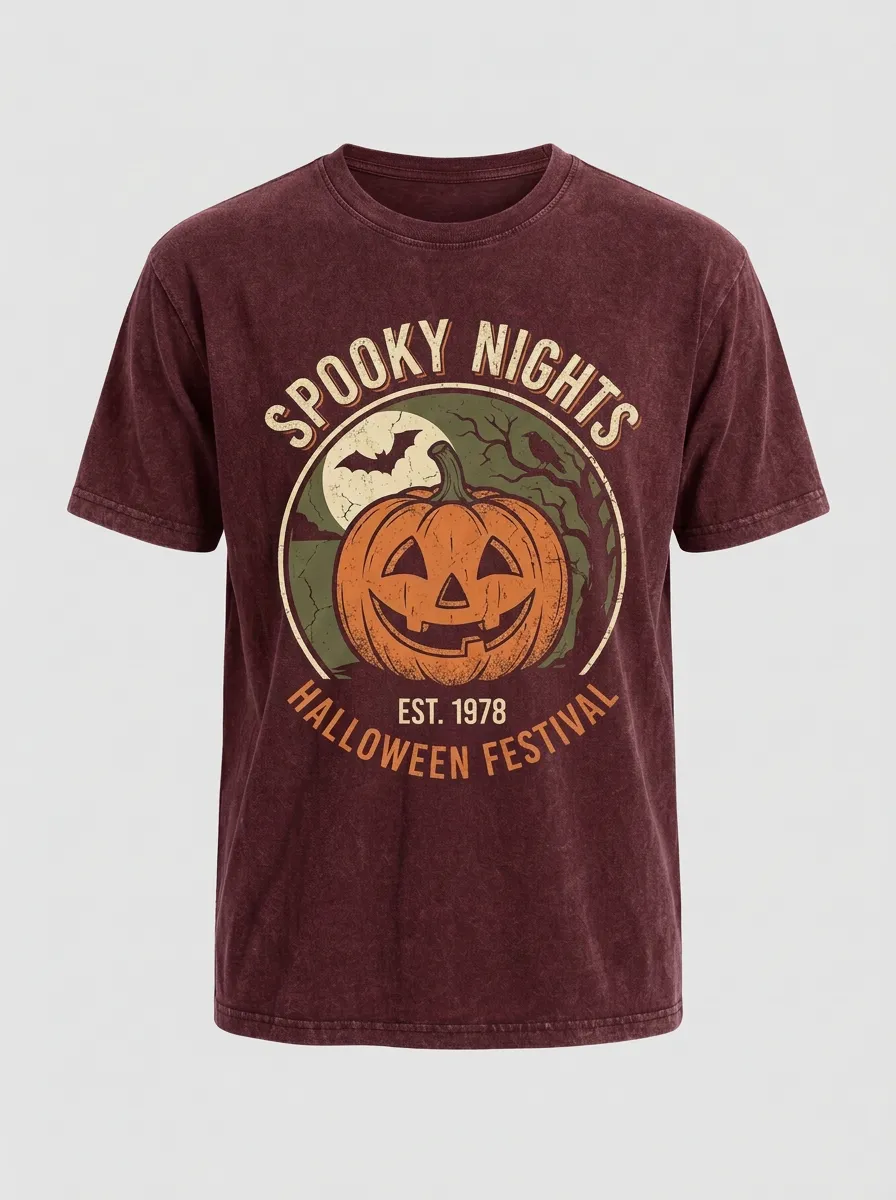 Men's Halloween Spooky Nights Pumpkin Bat Printed T-shirt