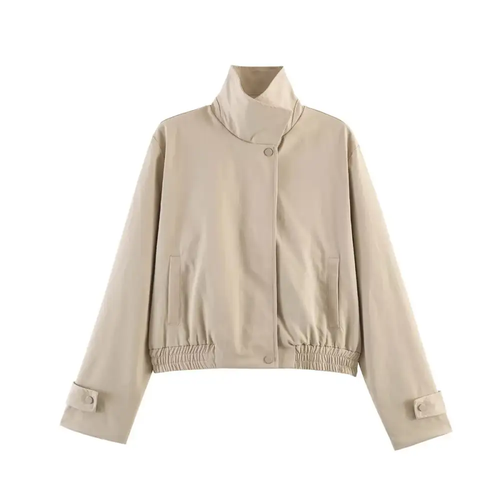 Cropped Stand Collar Snap Front Elastic Hem Bomber Jacket