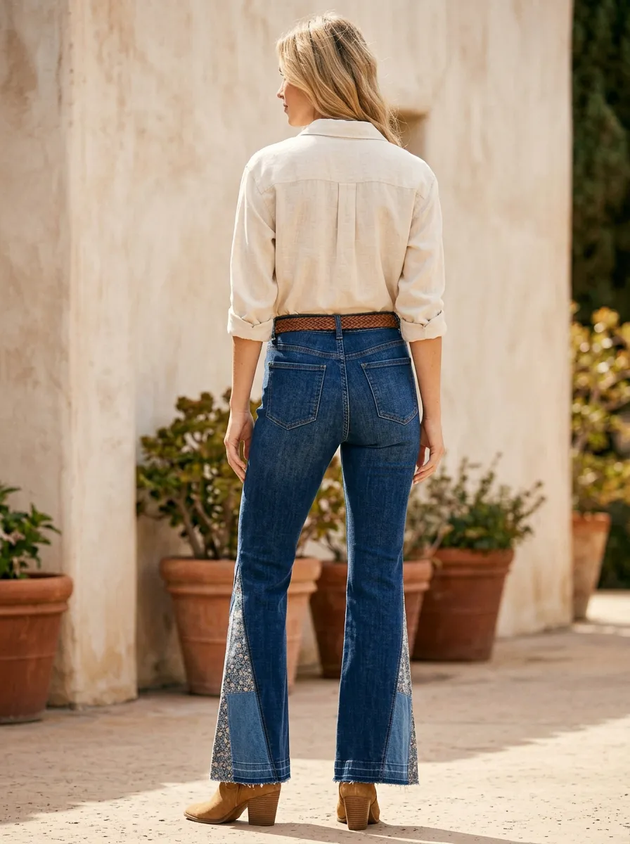 Women's Western Style Floral Patchwork Printed Flare Jeans