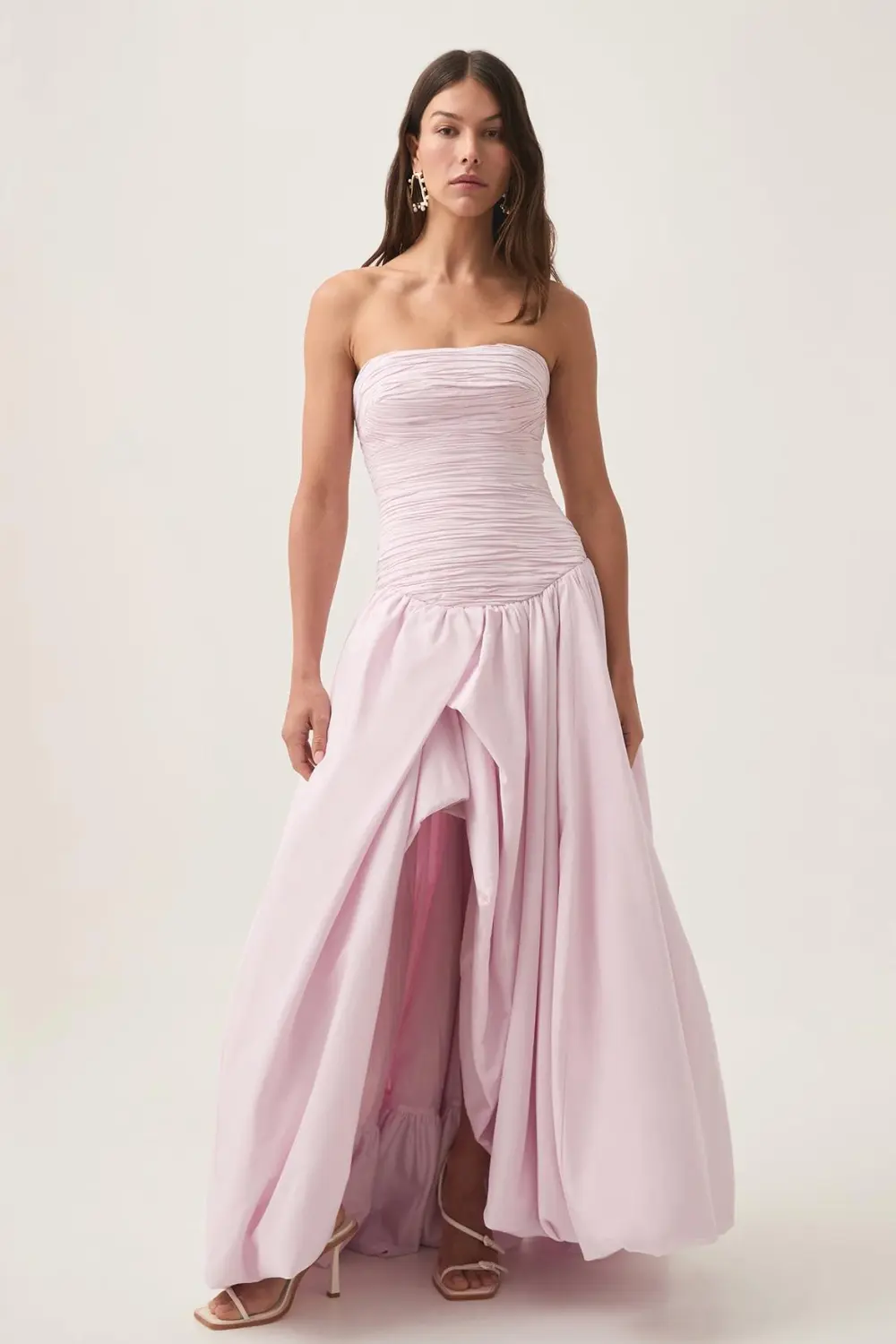 Off-Shoulder Pleat Split Solid Maxi Dress