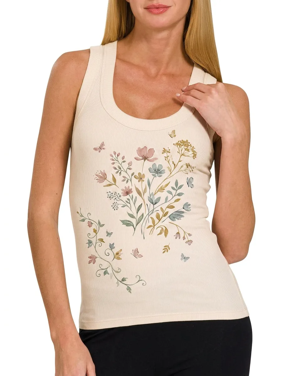 Women's Floral Butterfly Nature Lover Printed Ribbed Tank Top