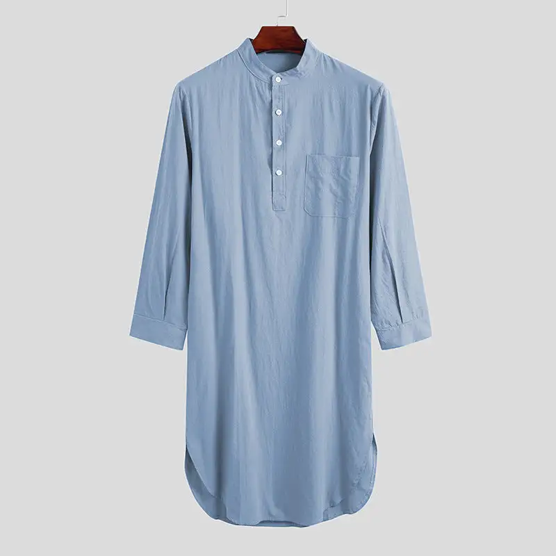 Men's Long Loose Shirt With Stand-up Collar Chest Pocket And Curved Hem