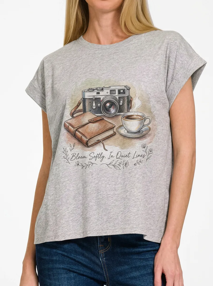 Women's Photography Lover Camera Coffee Book Printed T-shirt