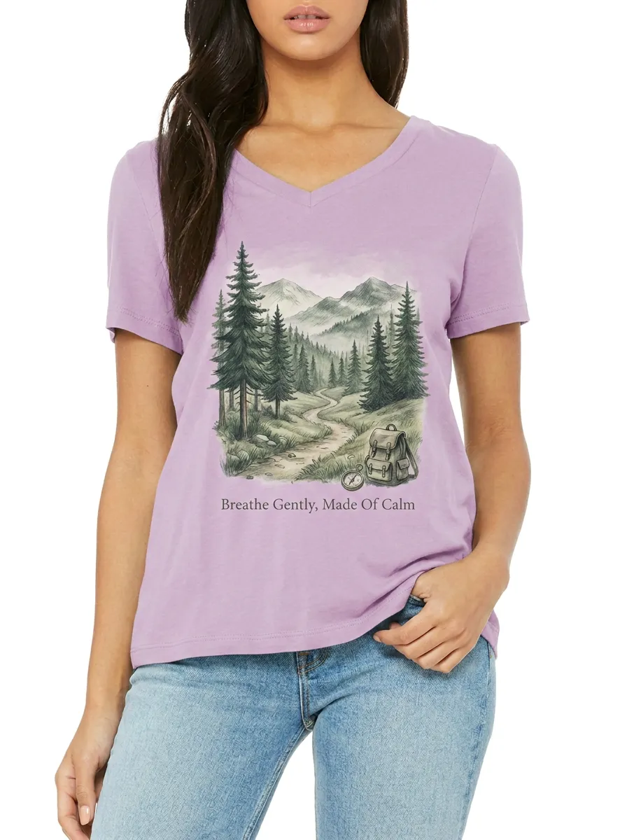 Women's Nature Hiking Lover Mountain Forest Backpack Printed V-neck T-shirt