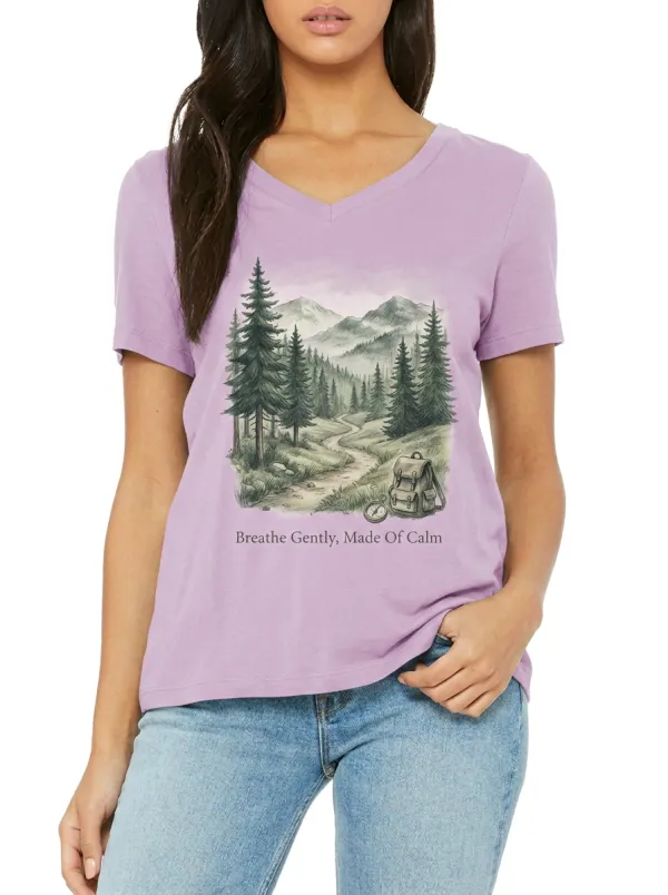 Women's Nature Hiking Lover Mountain Forest Backpack Printed V-neck T-shirt