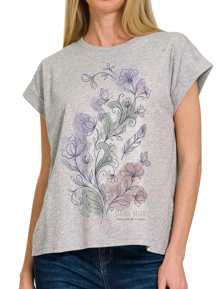 Women's Botanical Floral Butterfly Feather Printed T-shirt
