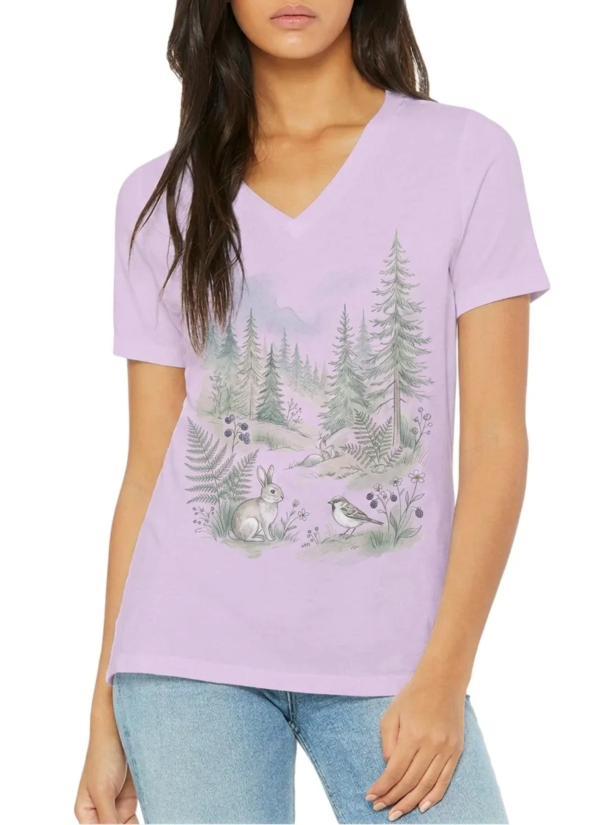 Women's Nature Lover Forest Rabbit Bird Printed V-neck T-shirt