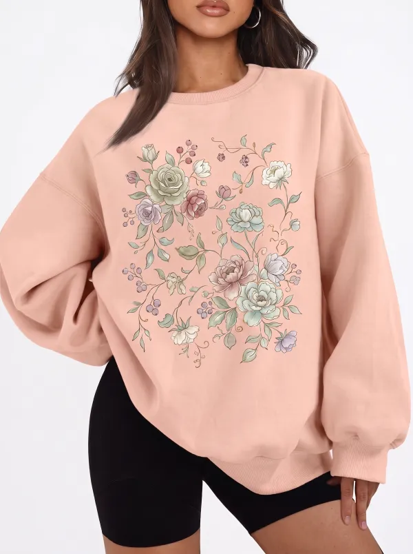 Ladies Artistic Flower Print Cold Shoulder Hooded Top