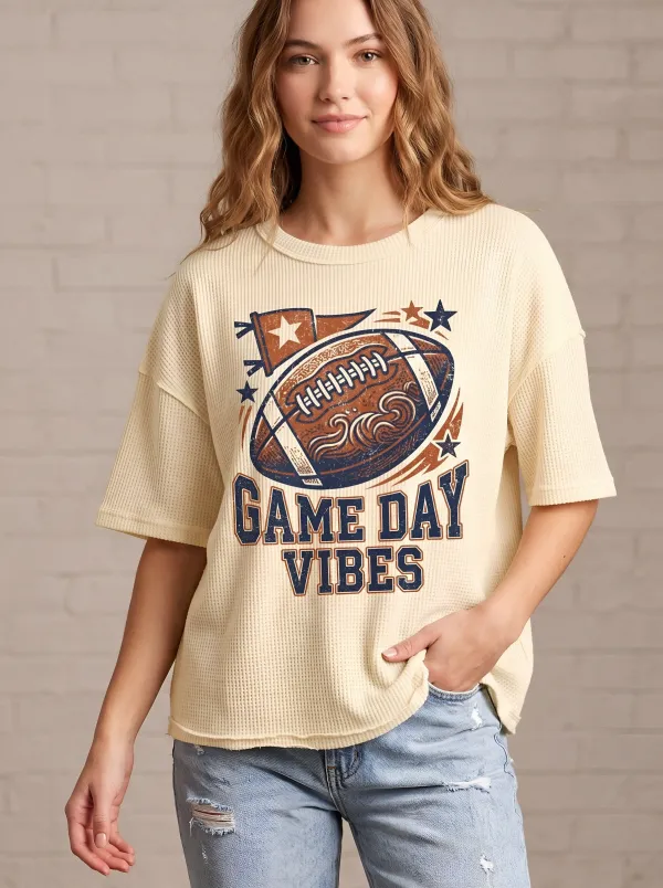 Women's Football Game Day Vibes Star Printed Waffle Knit T-Shirt