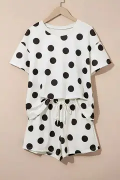Drawstring Polka-Dot Two-Piece Tee and Shorts Set