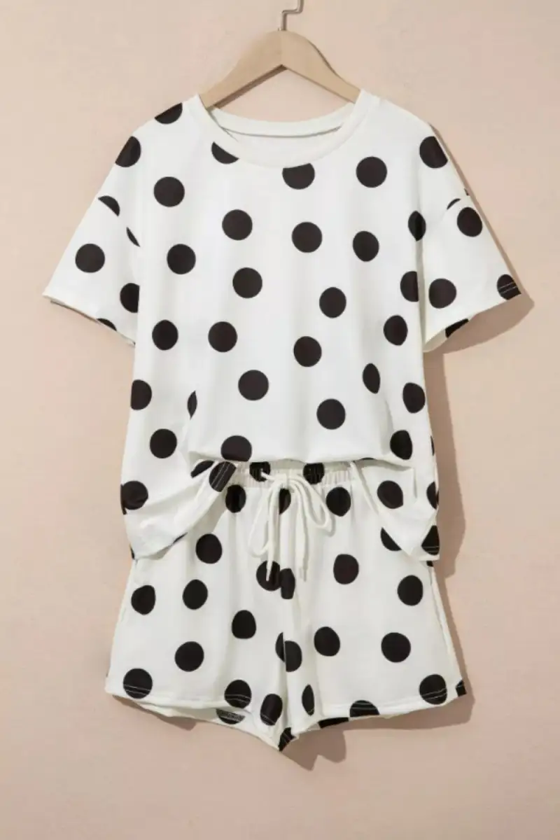 Drawstring Polka-Dot Two-Piece Tee and Shorts Set