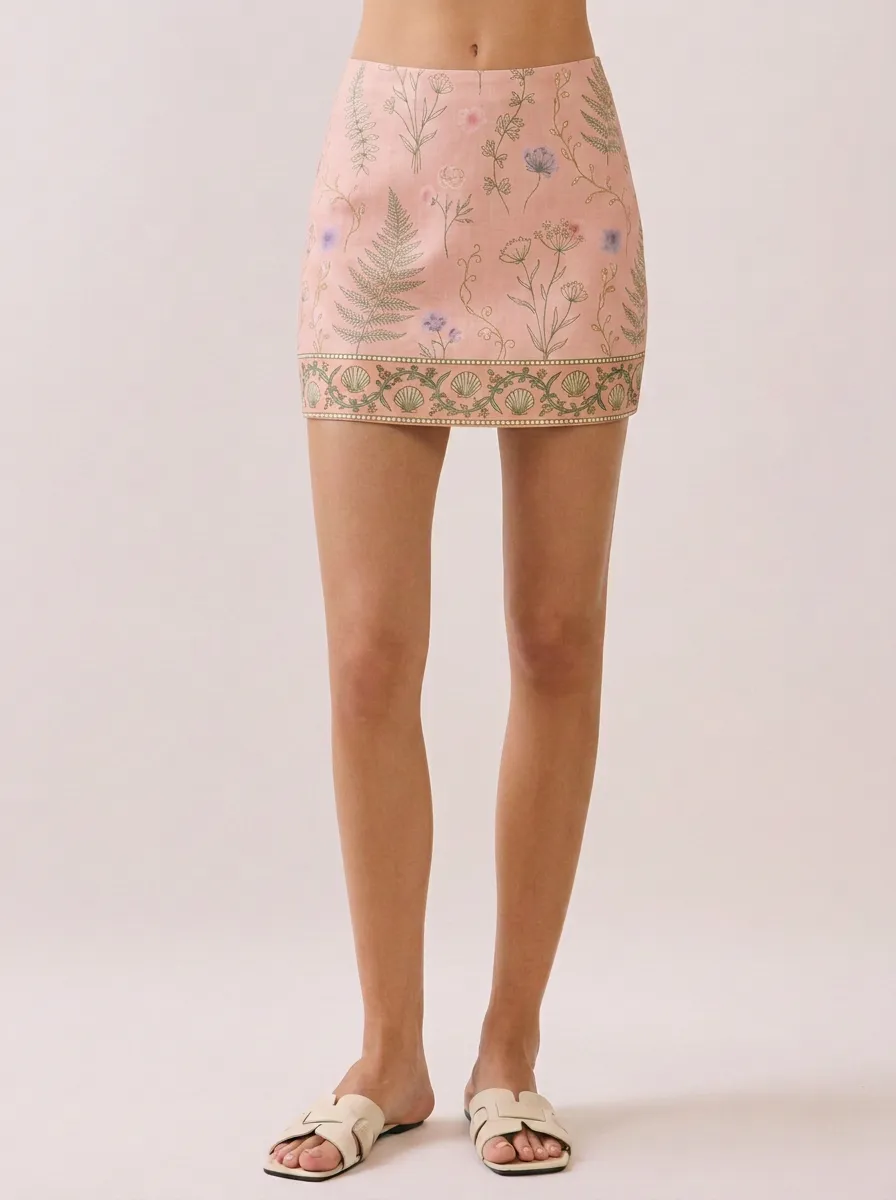 Women's Botanical Floral Seashell Border Printed Mini Skirt