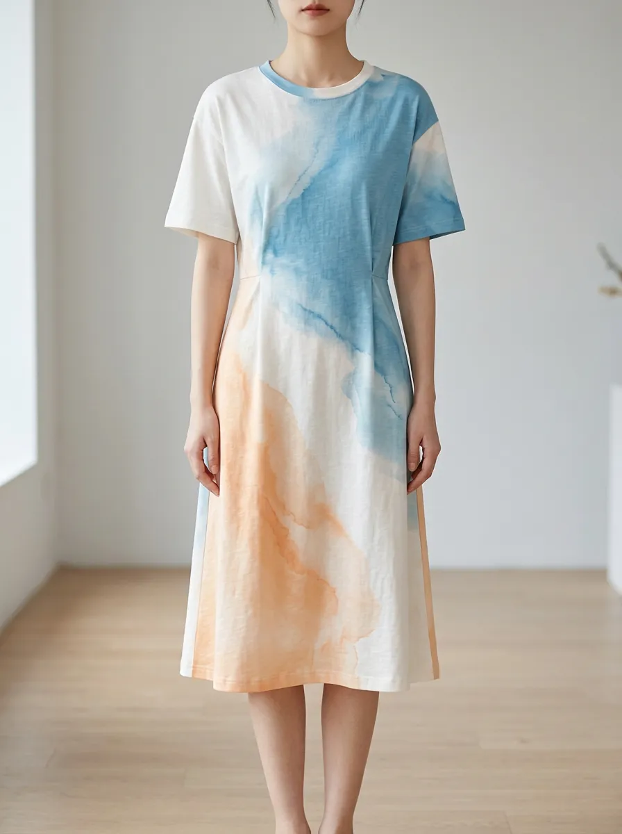 Women's Casual Art Lover Blue Orange Watercolor Printed Dress