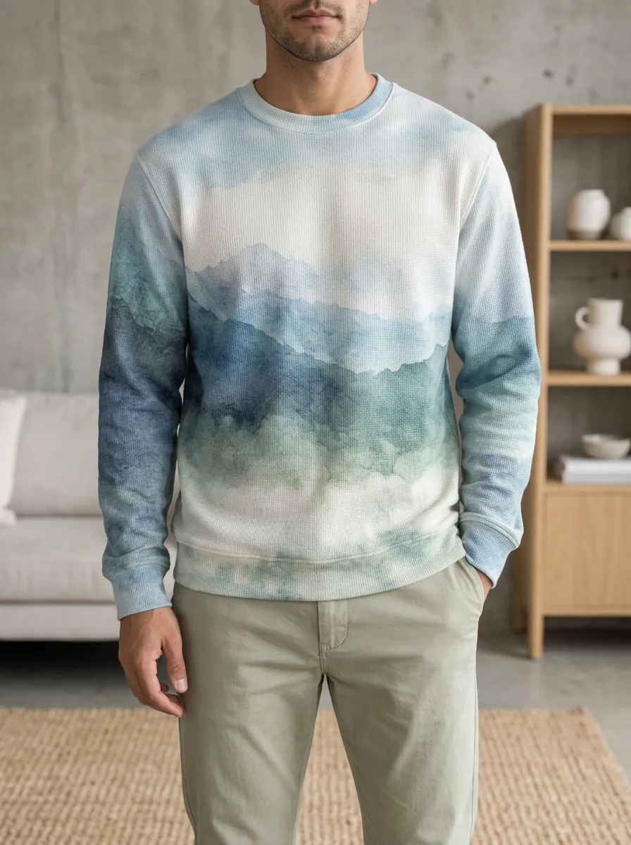 Men's Nature Watercolor Mountain Waffle Zip Hoodie