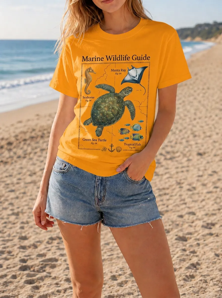 Women's Marine Life Lover Sea Turtle Manta Ray Printed T-shirt